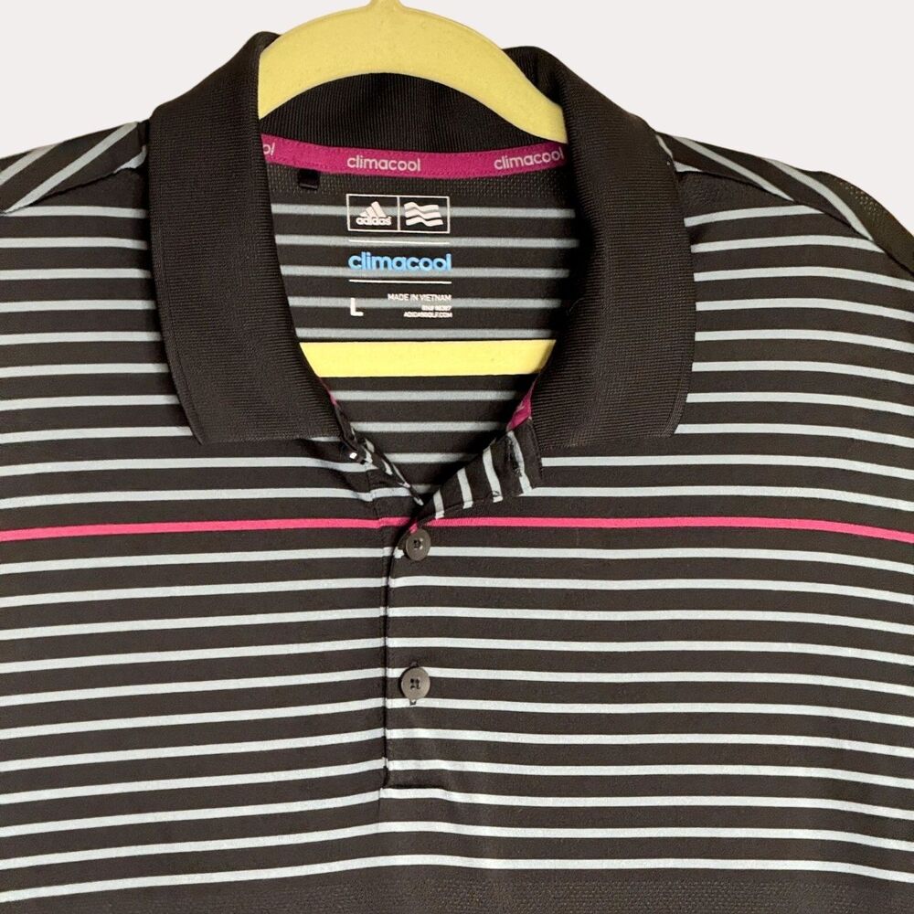 Adidas ClimaCool Mens Polo Shirt Top Stripe Black Smoke Blue L - Picture 4 of 8